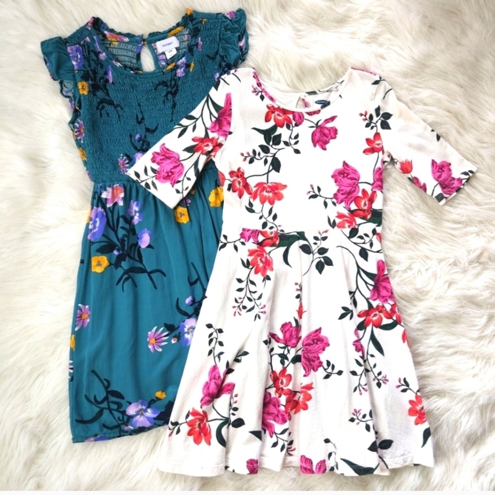 Girls-Floral Kids Dress Set - Teal and White Size 8